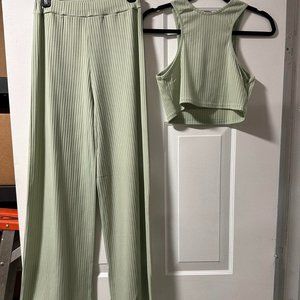 Nasty Gal Small Ribbed Mint Green Cozy Chic Set Wide Leg Pant Cropped Tank Top